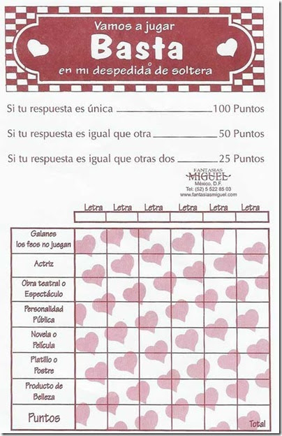 Juego “Basta” para despedida de soltera - Todo enamorados